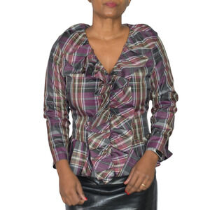 Boston Proper Peplum Ruffle Blouse Purple Plaid Tartan Shirt Check Top Small